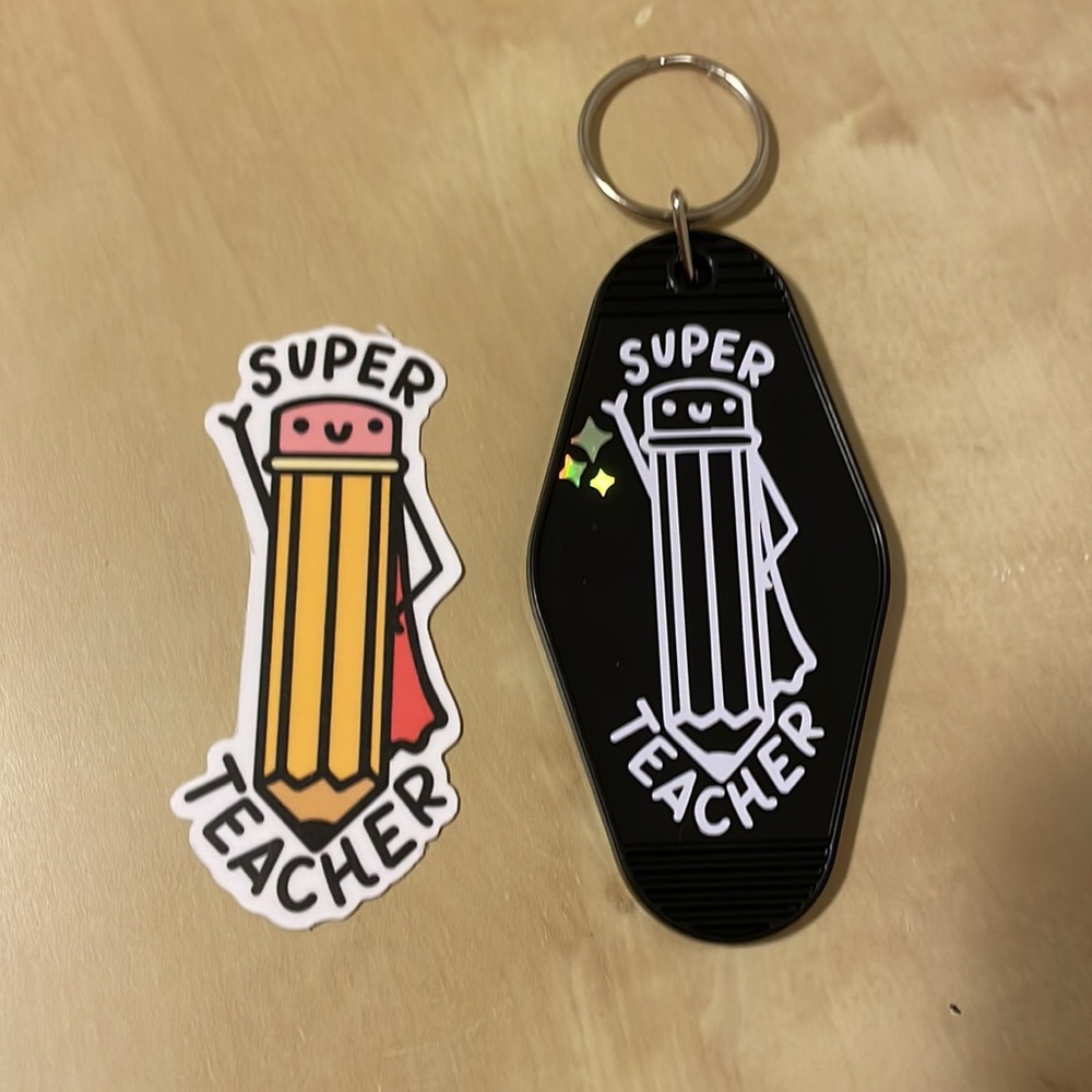 HANDMADE 💛 Super Teacher waterproof sticker and more keychain set🧡